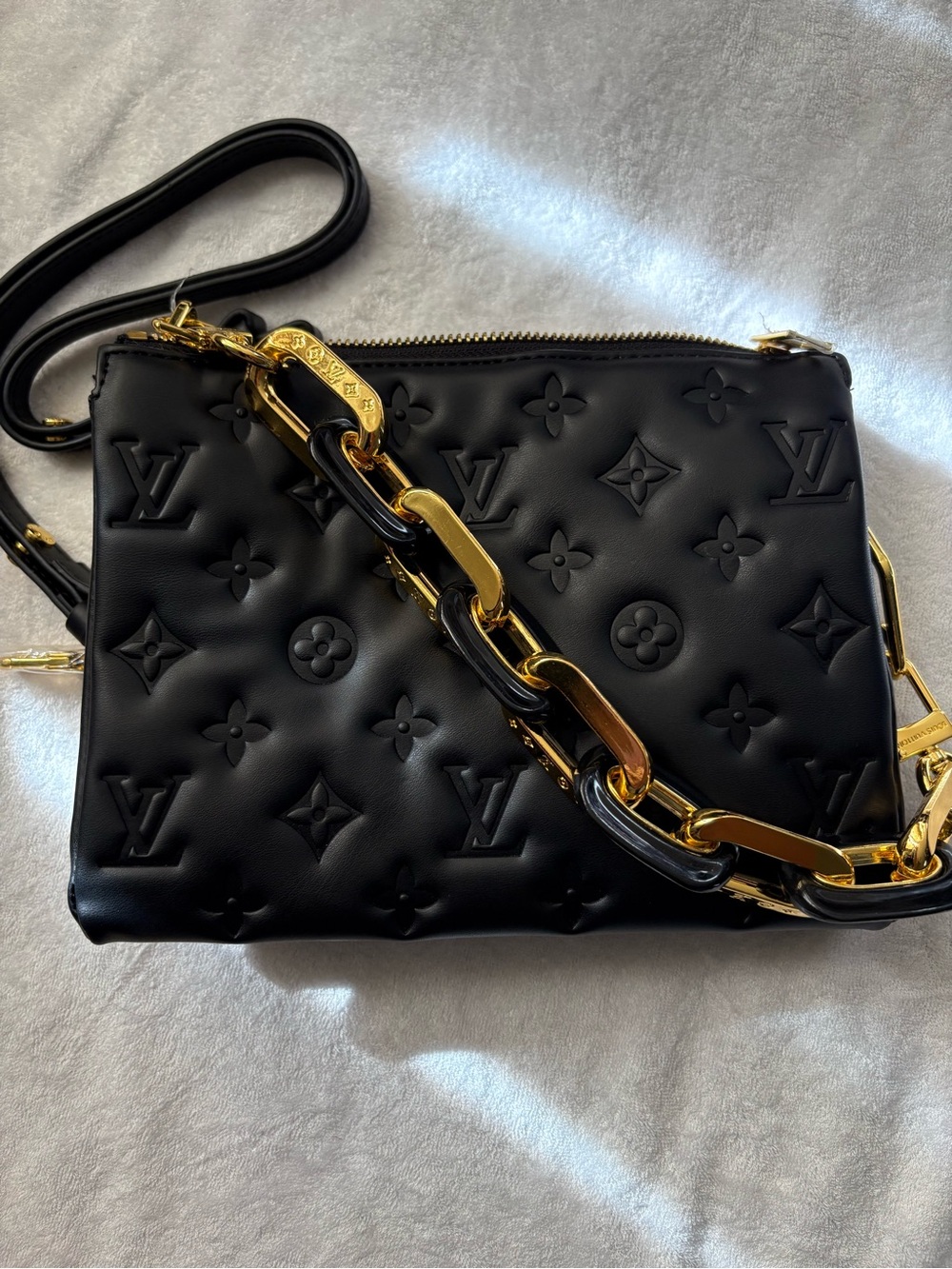 Black Quilted Monogram Crossbody with Gold Chain